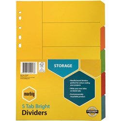 Marbig A4 5 Tab Bright Multi-Coloured Dividers